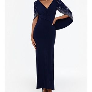 Betsy & Adam V-Neck Beaded Drape Back Navy Blue